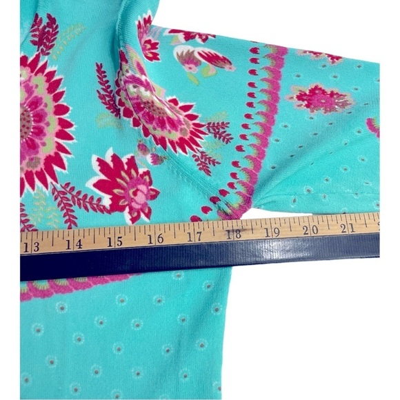 Joseph A. Teal Floral Knit Top L 3/4 Sleeve Stretch Boho Retro Mod Pattern Sz L - Picture 9 of 12